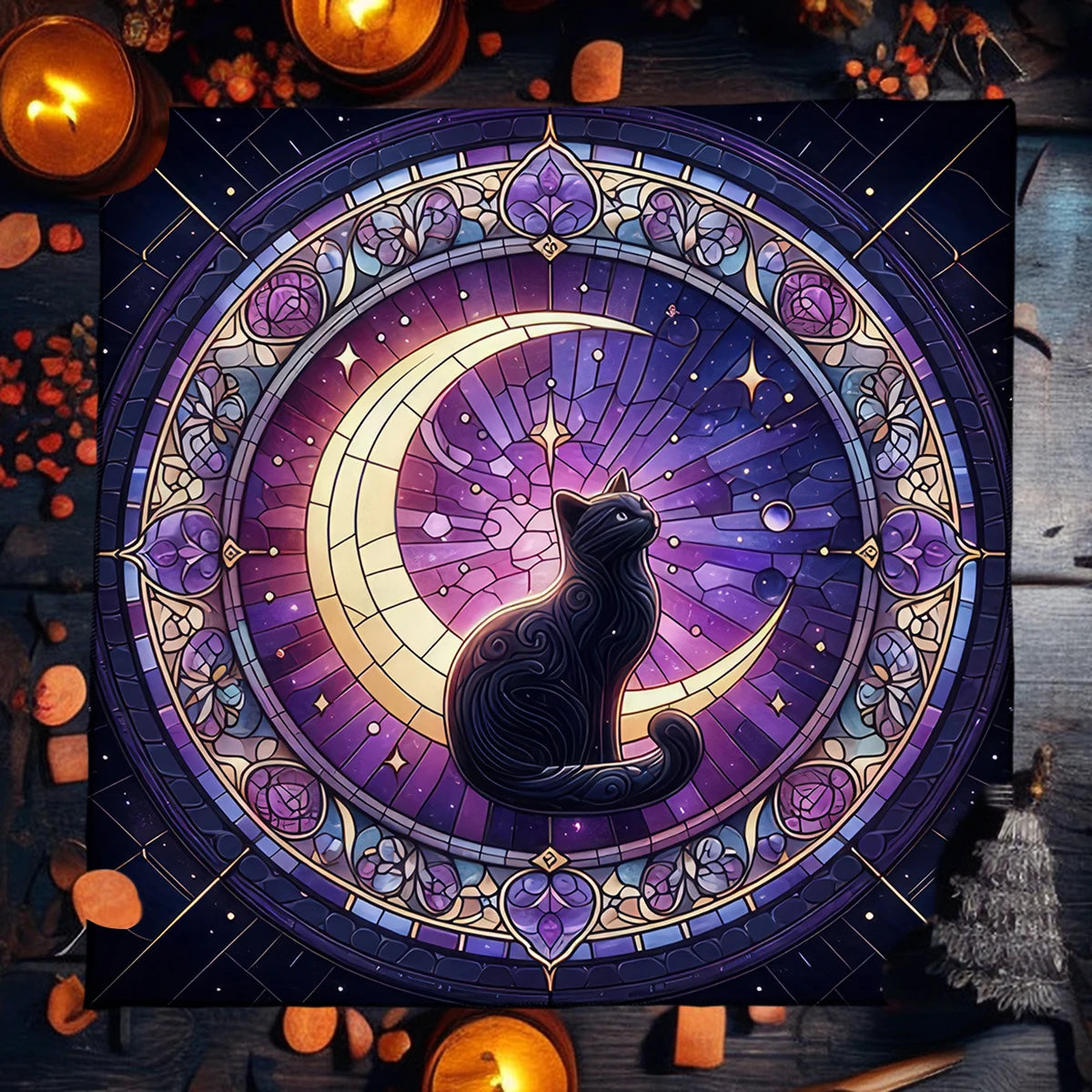 Decorative circular design with a black cat sitting on a crescent moon, surrounded by candles and pumpkins.