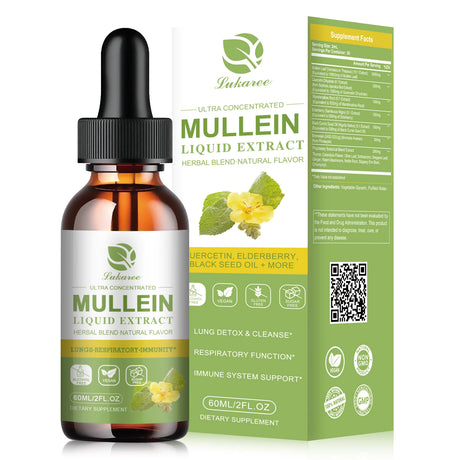 Bottle and packaging of Lukaree Mullein Liquid Extract on a white background