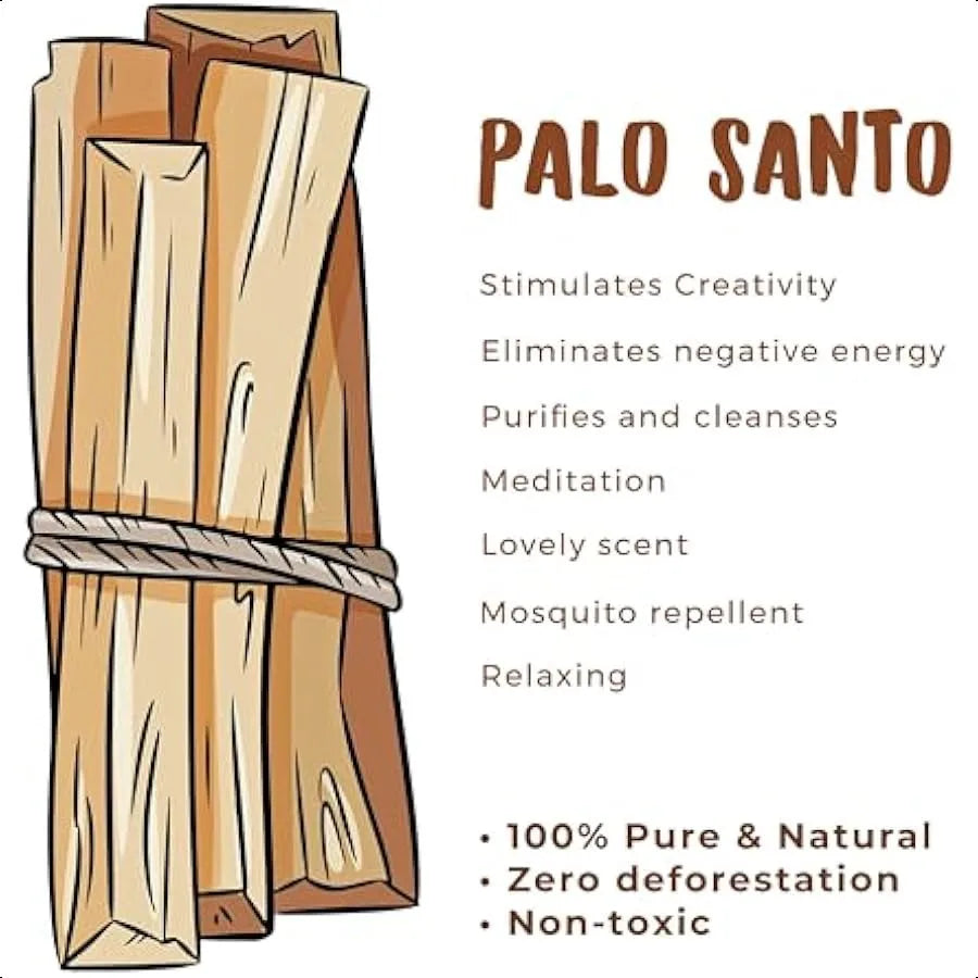 Bundled Palo Santo sticks with benefits listed on a white background