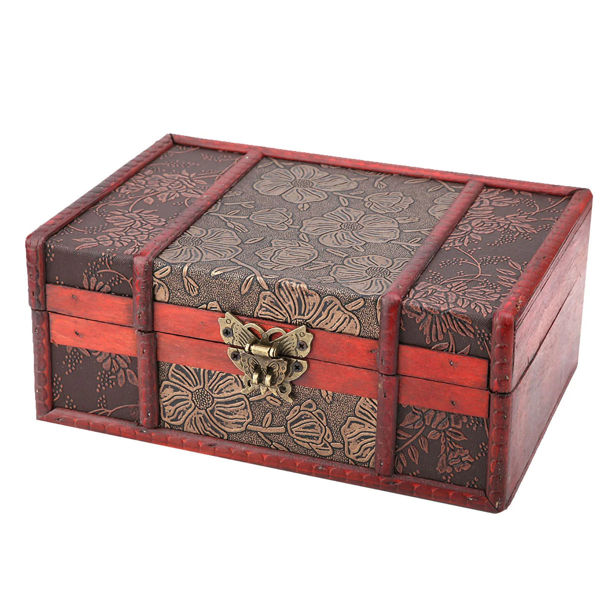 Decorative wooden box with floral patterns and a gold latch on a white background