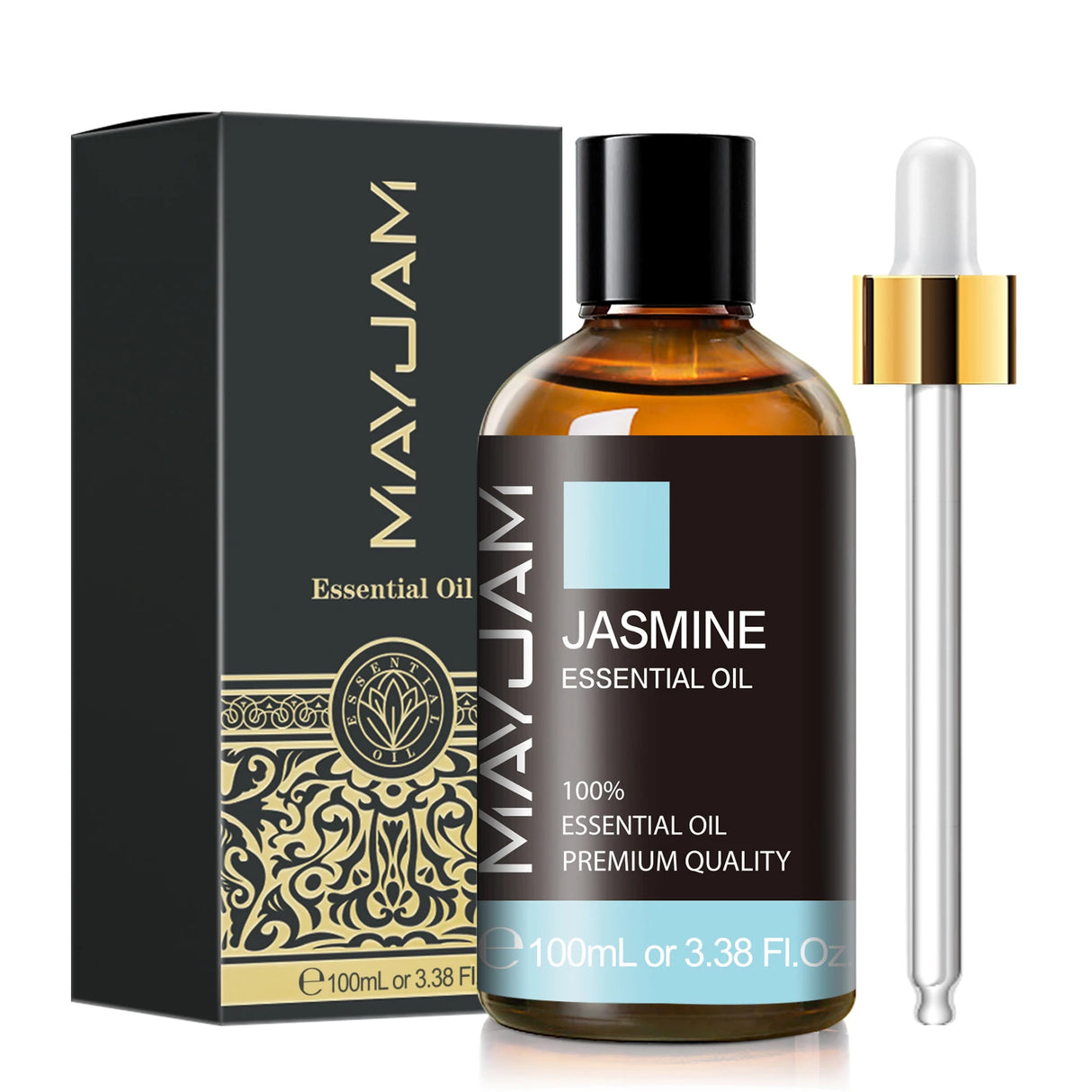 MayJam Jasmine essential oil bottle with dropper and packaging on a white background