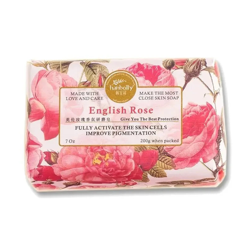 Bar of soap with English Rose packaging on a white background
