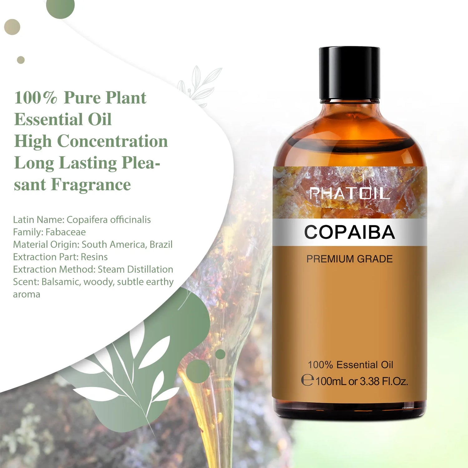 Copaiba essential oil bottle with label on a white background