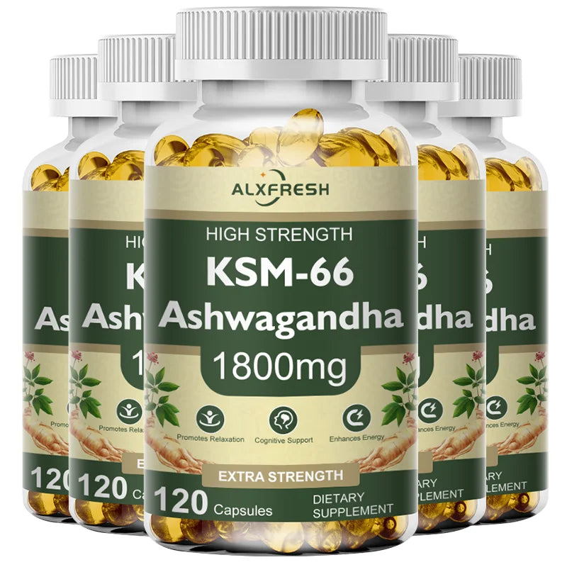Bottles of ALXFRESH KSM-66 Ashwagandha supplement on a white background