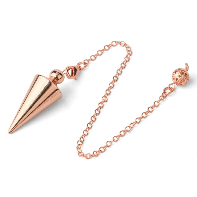 Rose gold spike pendant on a chain against a white background