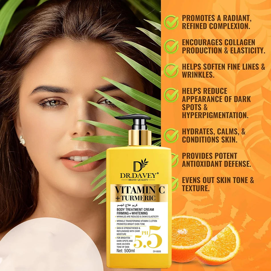 Dr. Davey Vitamin C Turmeric skincare product with a woman and orange slices on an orange background
