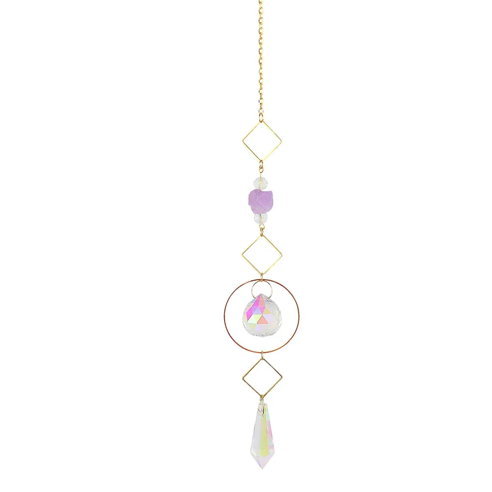 Decorative hanging ornament with geometric shapes and beads on a white background