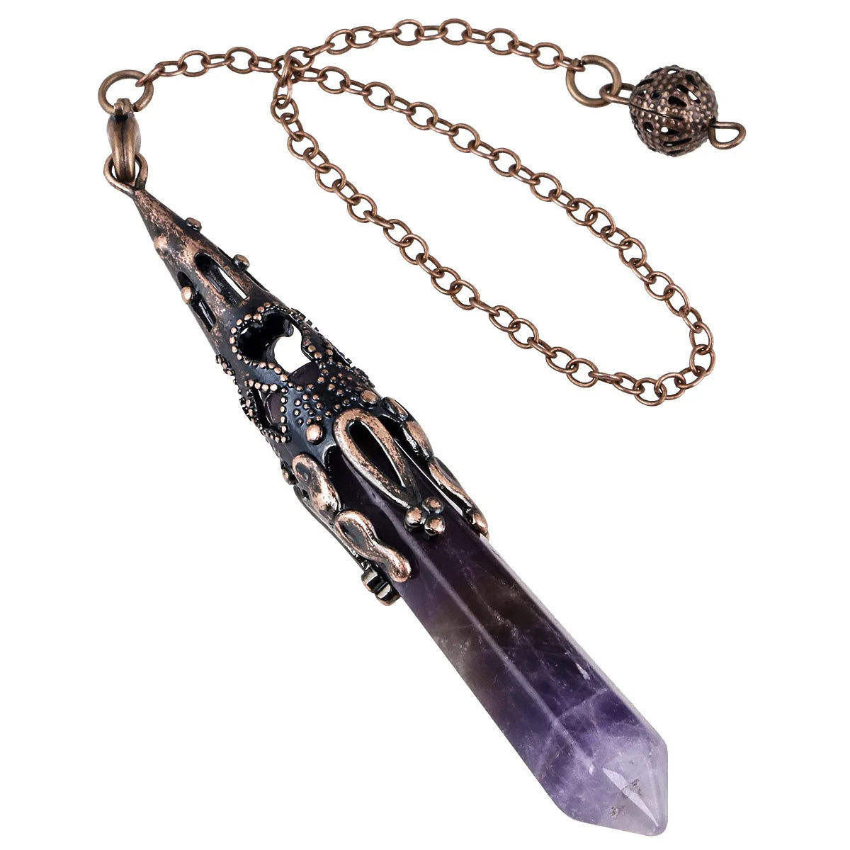 Amethyst crystal pendant with bronze decorative elements on a white background