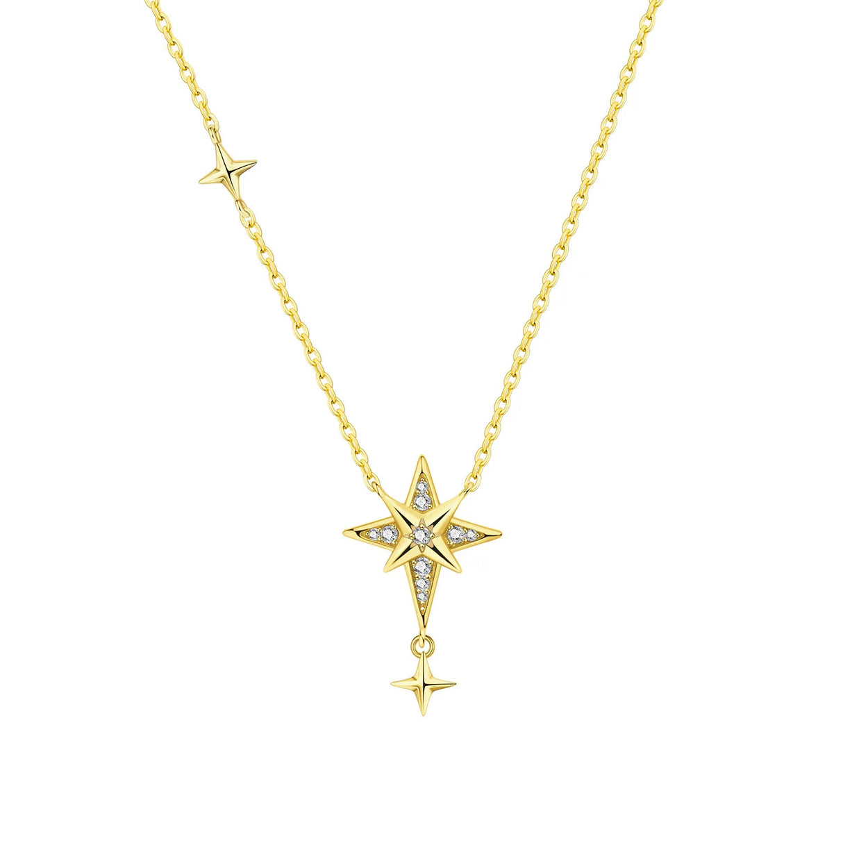 Gold necklace with star-shaped pendant on a white background