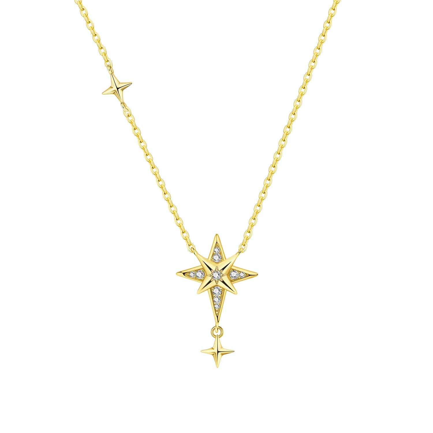 Gold necklace with star-shaped pendant on a white background