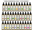 Collection of 10ml essential oil bottles with various flavors on a white background