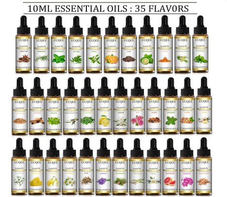 Collection of 10ml essential oil bottles with various flavors on a white background