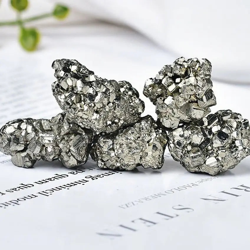 Pyrite crystals on a piece of paper with a blurred plant in the background