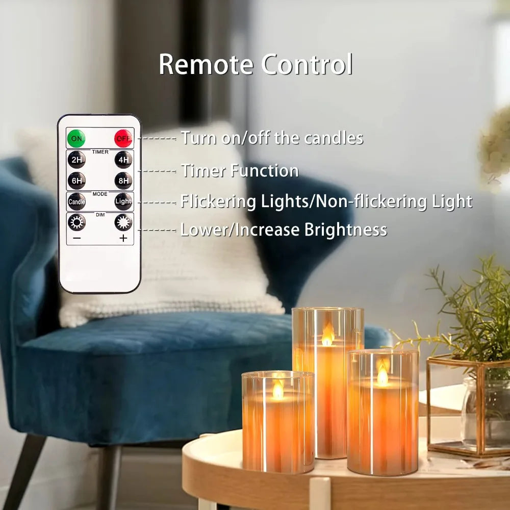Remote control for candles with a living room setting, including candles and a plant.
