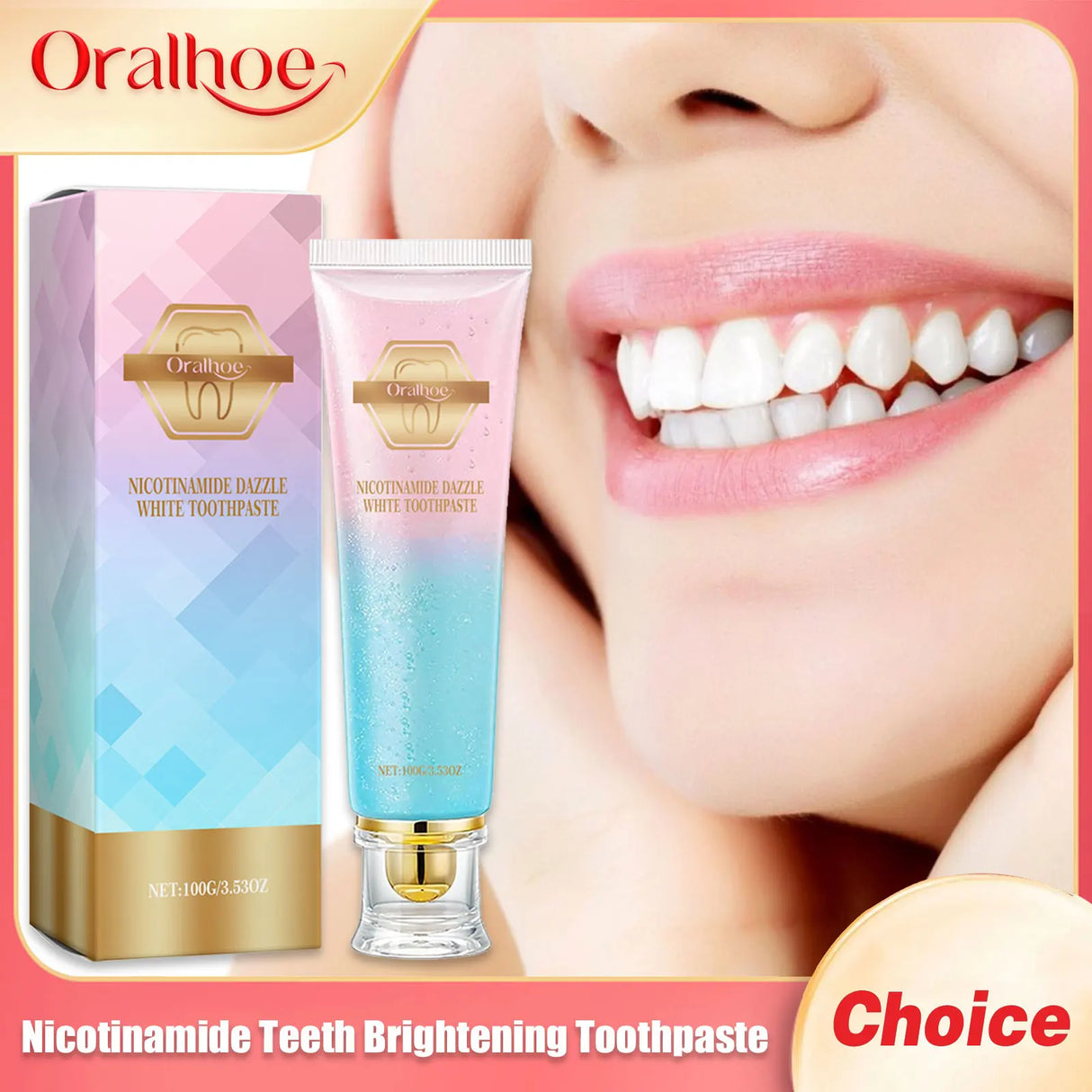 Oralhoo Nicotinamide Teeth Brightening Toothpaste with packaging and a smiling person showing white teeth.