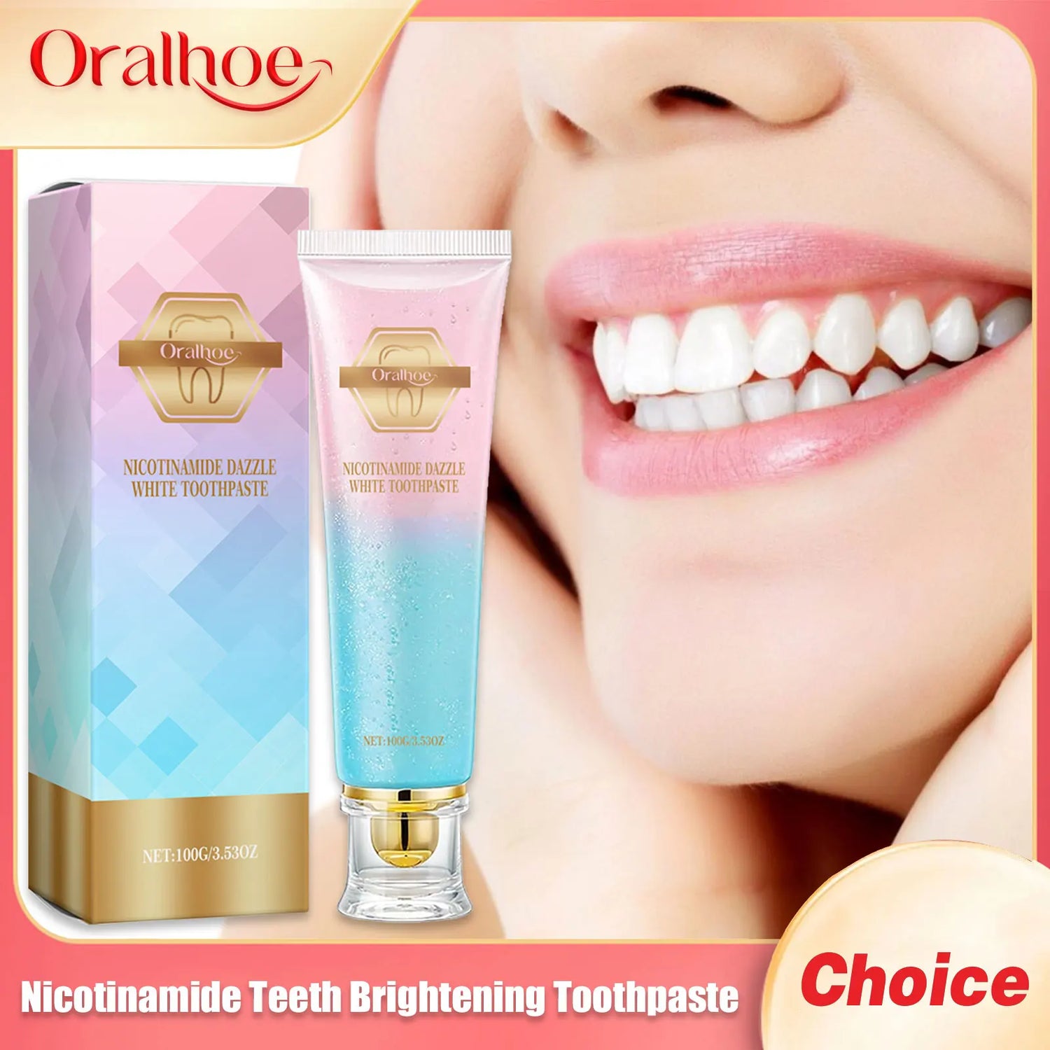 Oralhoo Nicotinamide Teeth Brightening Toothpaste with packaging and a smiling person showing white teeth.