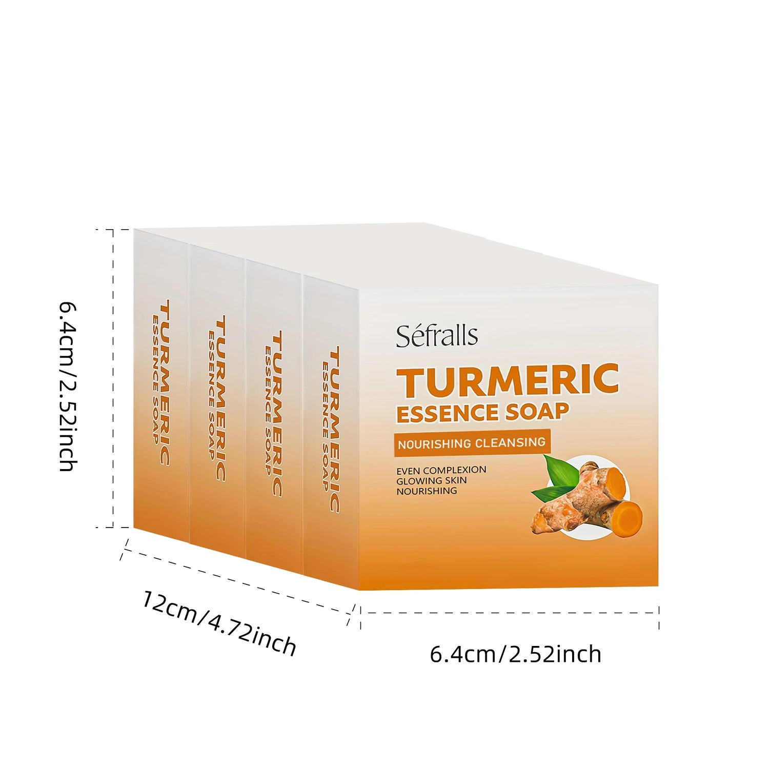 Box of Séfraills Turmeric Essence Soap with dimensions on a white background