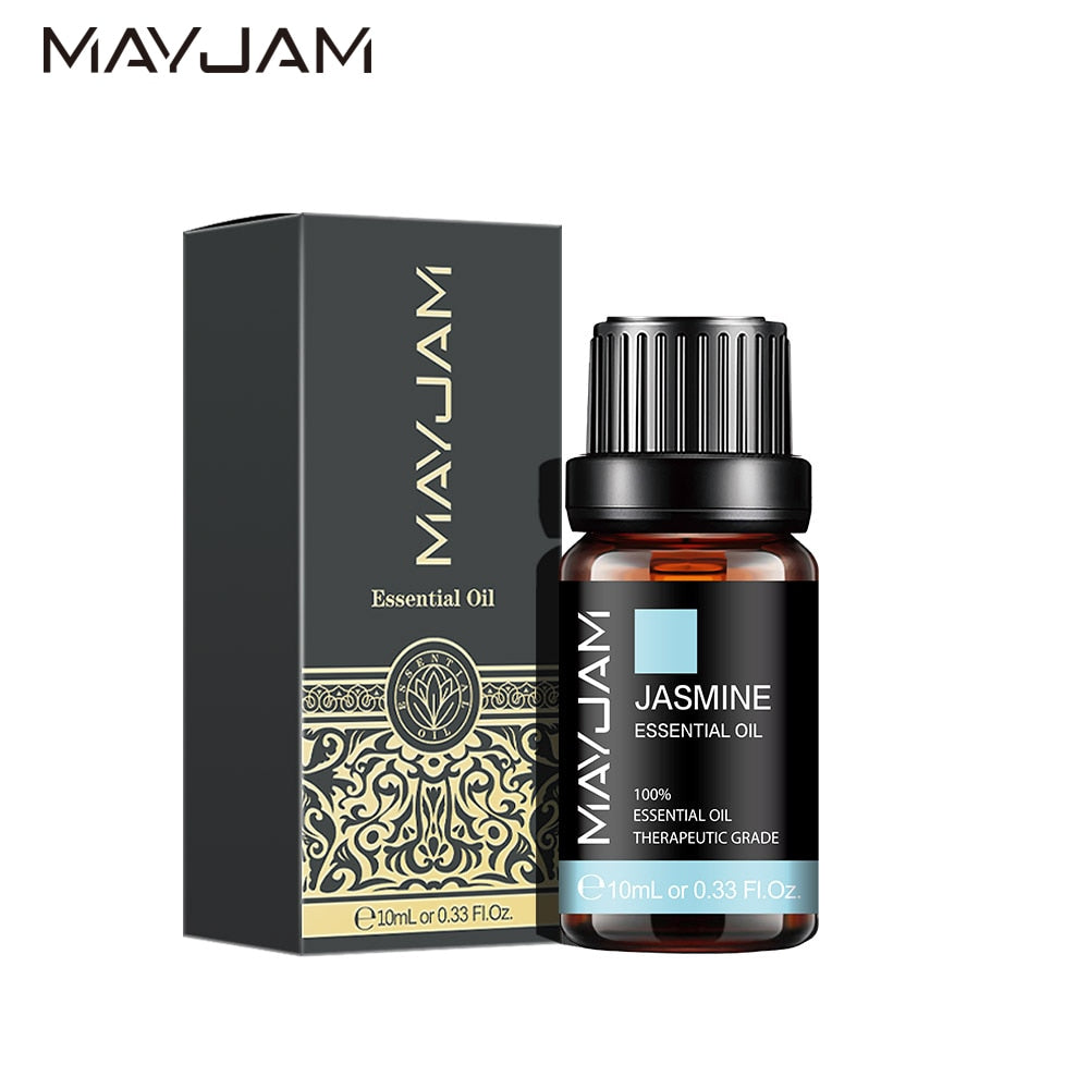 MayJam Jasmine essential oil bottle and packaging on a white background