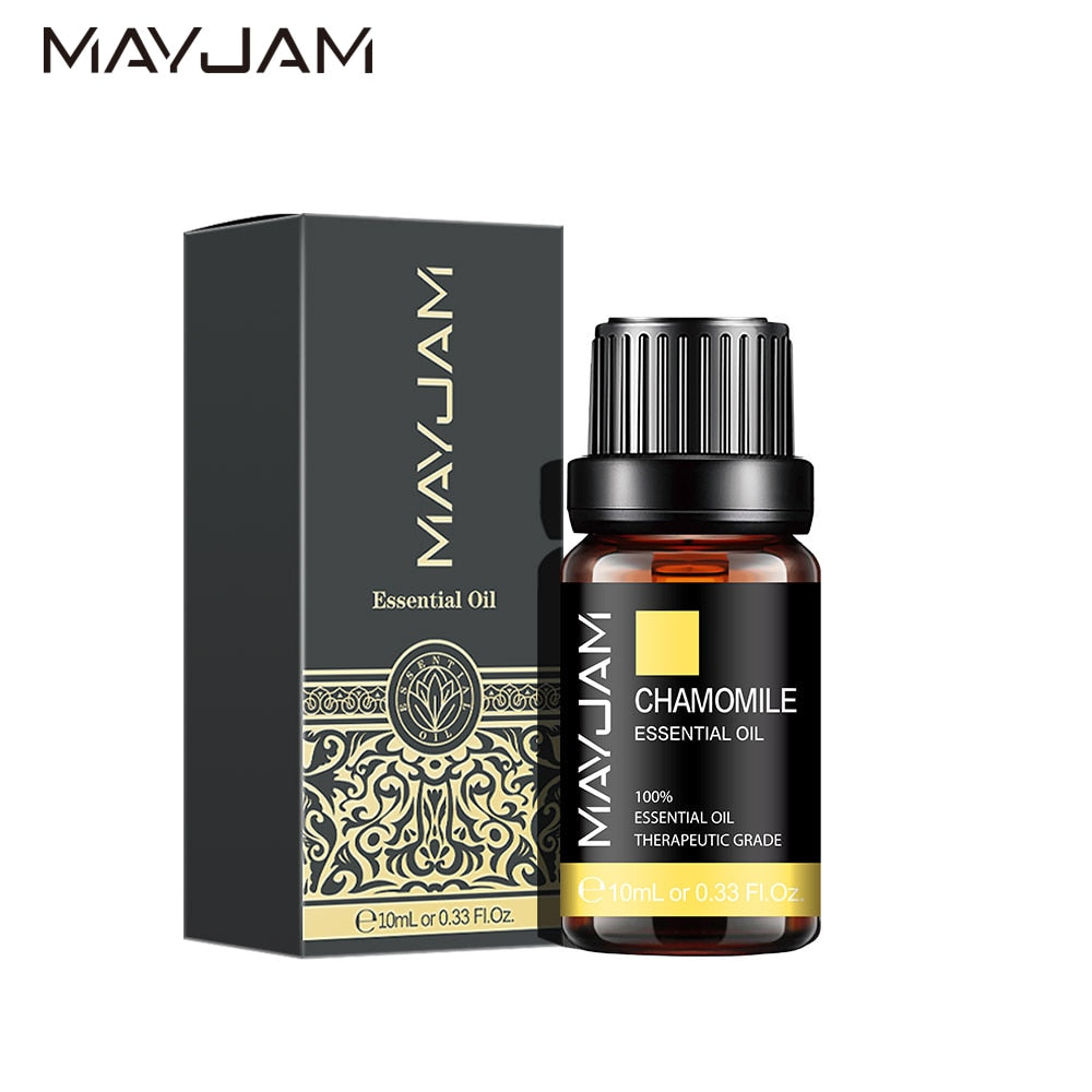 MayJam chamomile essential oil bottle and packaging on a white background