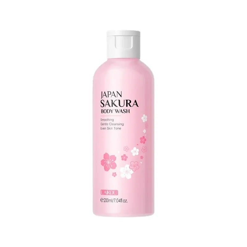 Pink bottle of Japan Sakura body wash on a white background
