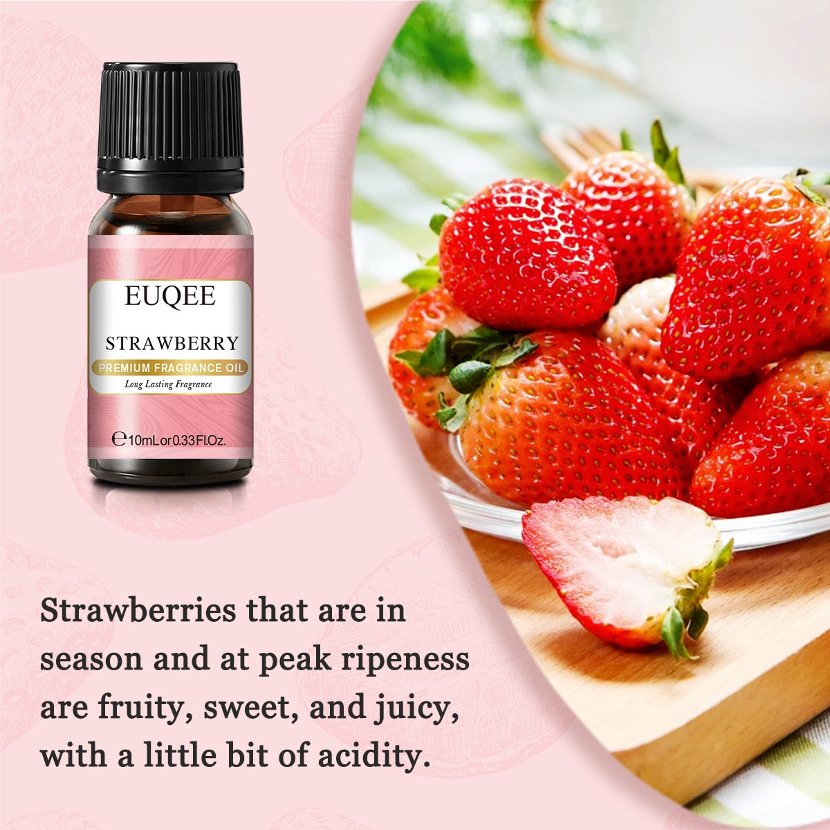 EUQEE strawberry essential oil bottle with strawberries on a pink background
