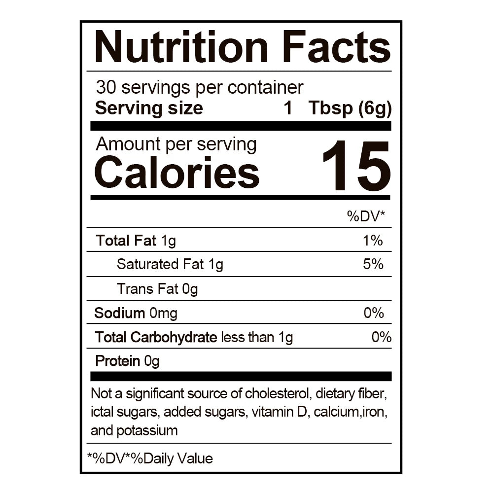 Nutrition facts label for a product with 15 calories per serving, 1g of fat, and no carbohydrates or protein.