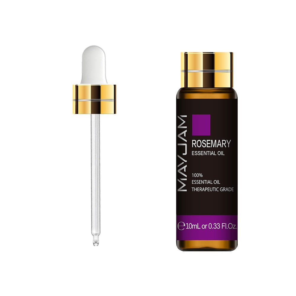 MayJam Rosemary essential oil bottle with dropper on a white background