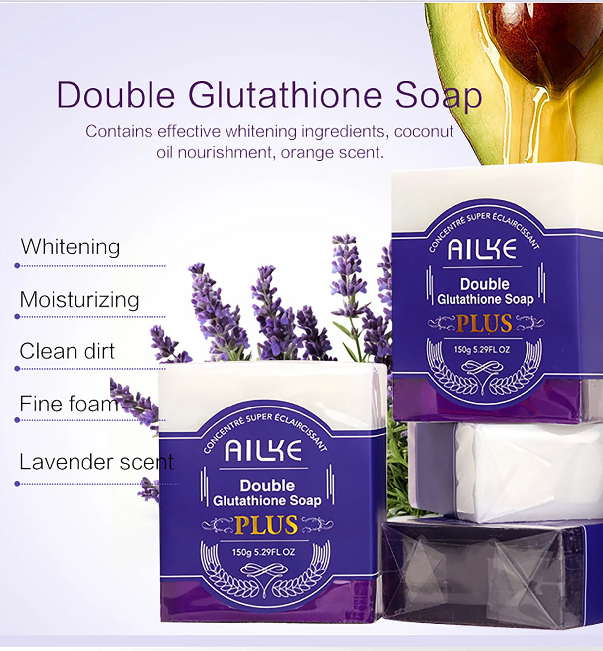 Ailke Double Glutathione Soap packaging with lavender and avocado on a white background