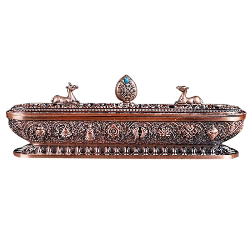 Decorative copper incense holder with intricate designs on a white background