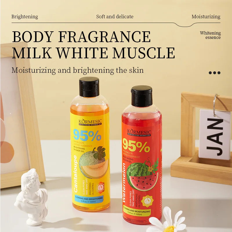 Two bottles of Kormesic body fragrance milk with text on a decorative background.