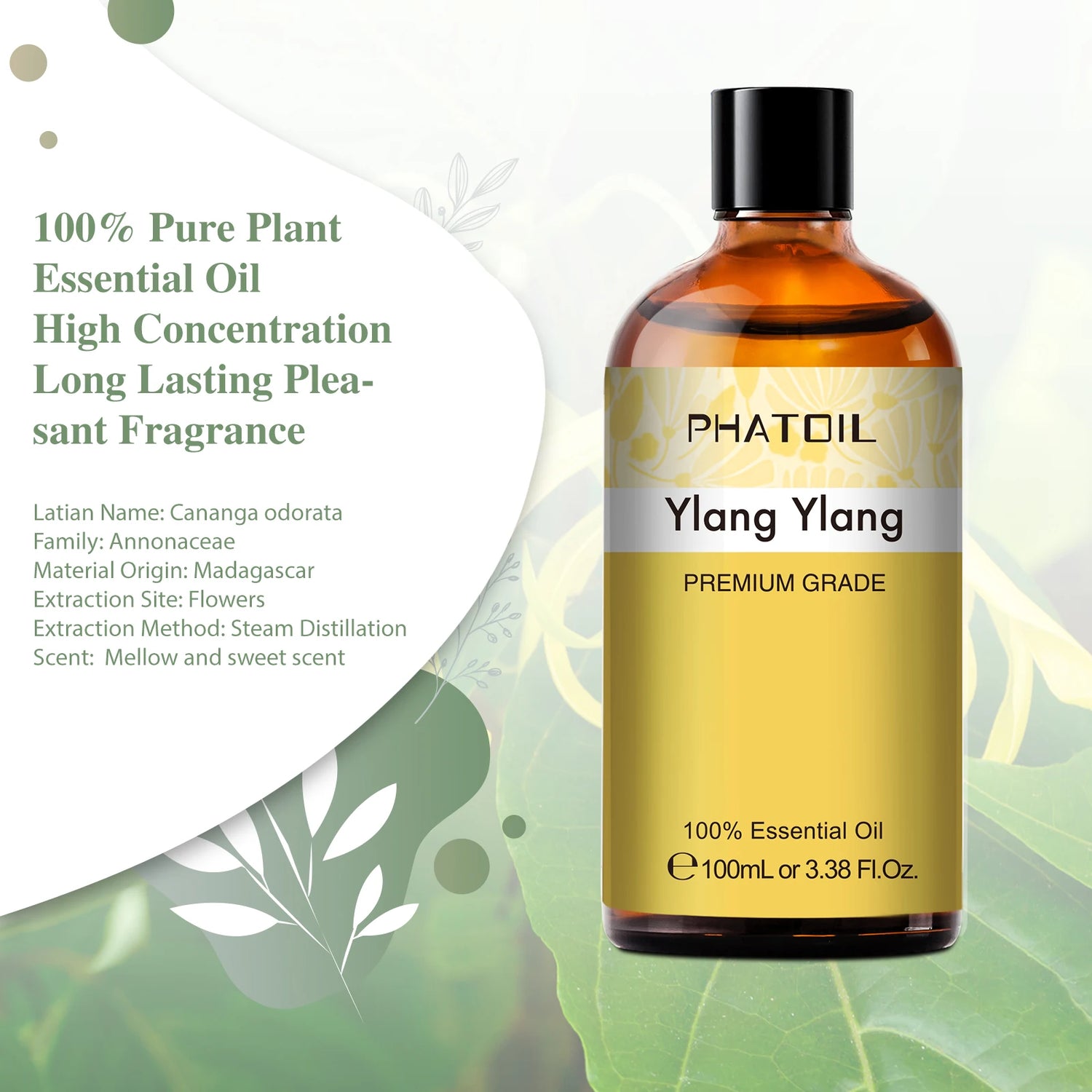 Bottle of Phatoil Ylang Ylang essential oil with product details on a green leafy background