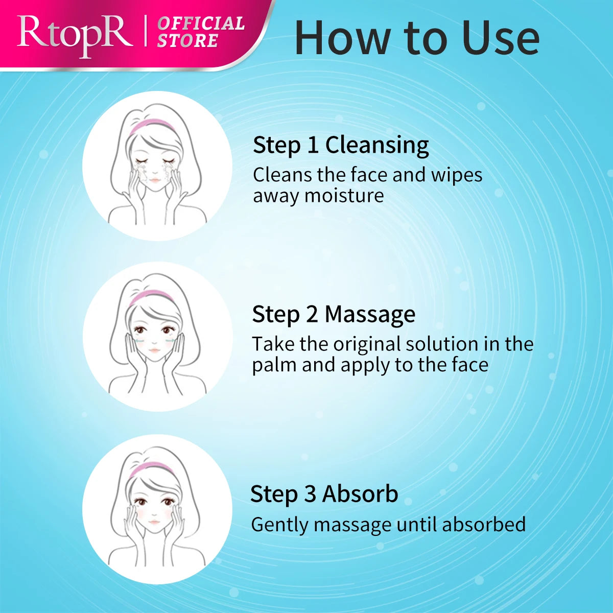 Step-by-step guide on how to use a skincare product with illustrations and text on a blue background.