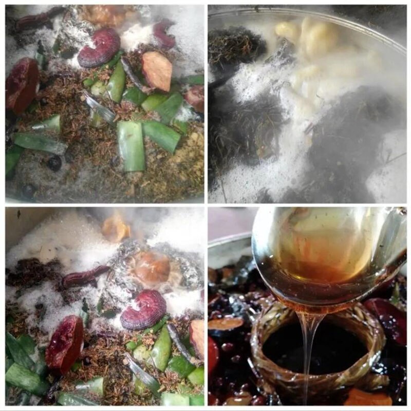 Collage of four images showing a process involving spices, herbs, and a liquid being poured into a container.