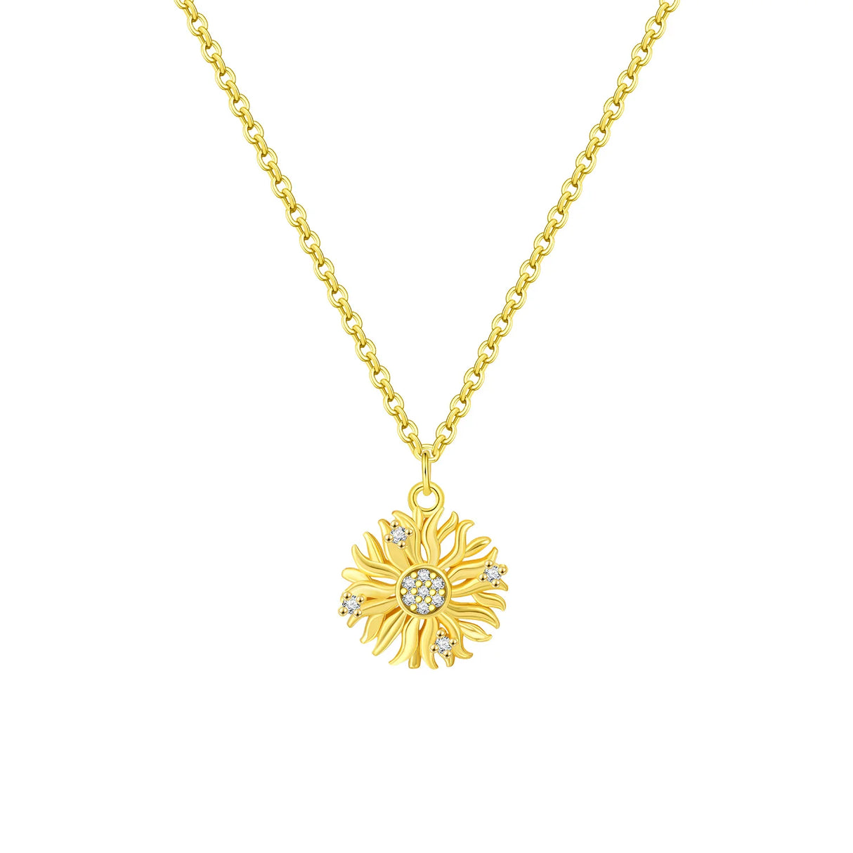 Gold sunflower pendant necklace on a white background