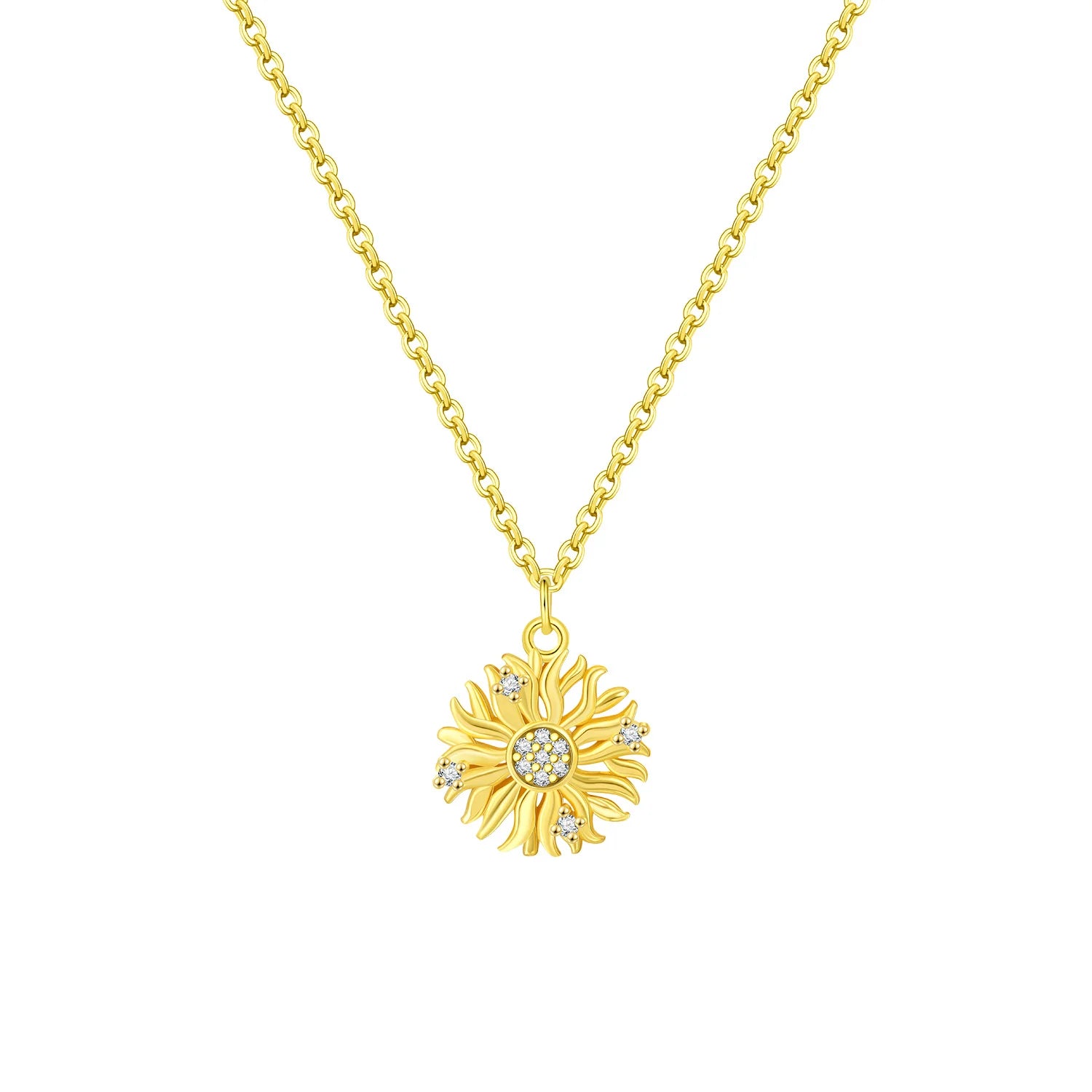 Gold sunflower pendant necklace on a white background