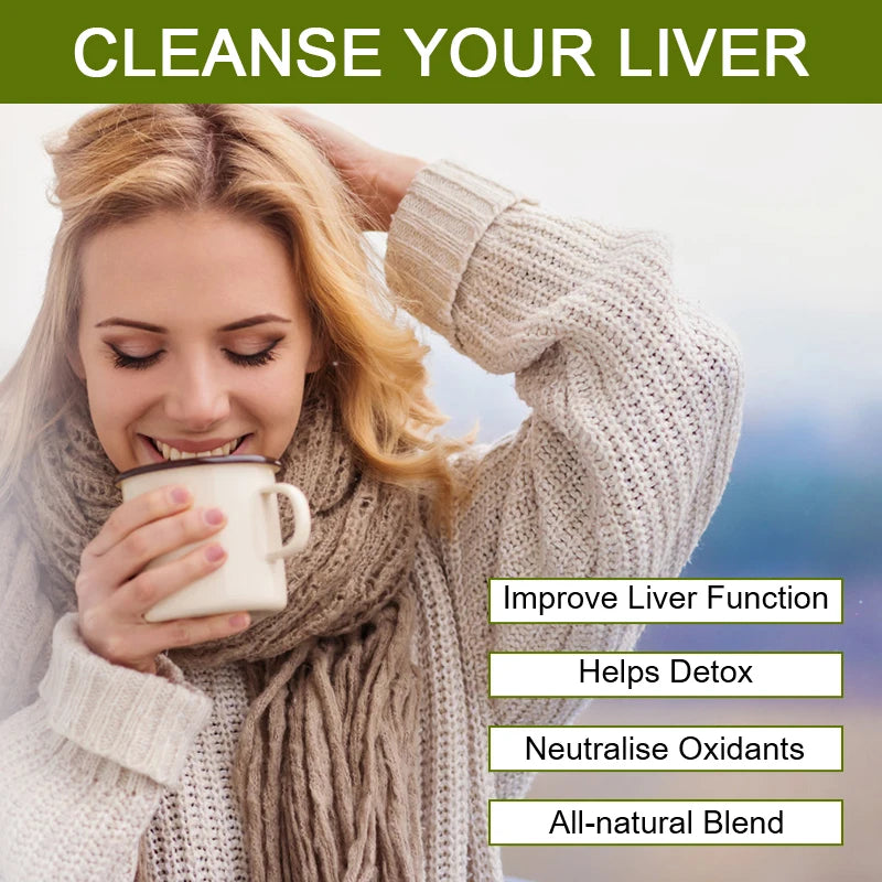 Woman drinking from a mug with text about liver cleansing and benefits.