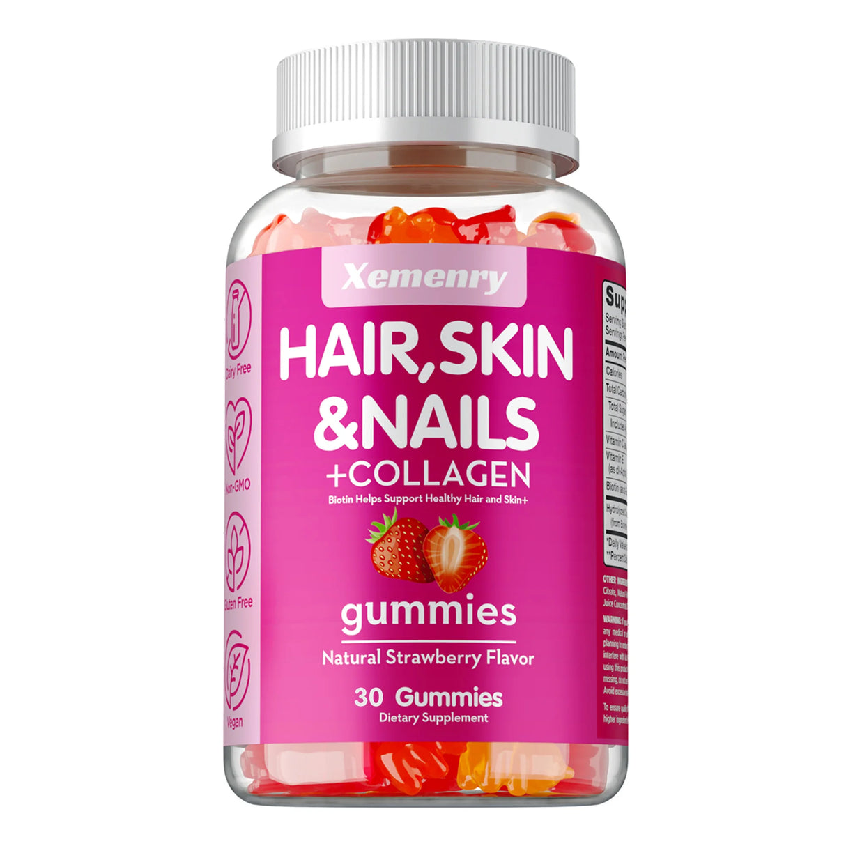Bottle of Xemenry Hair, Skin & Nails + Collagen gummies with a strawberry flavor on a white background