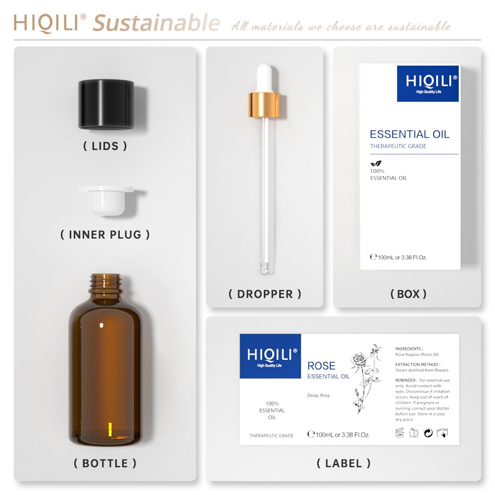 HIQILI essential oil packaging with bottle, dropper, labels, and box on a white background