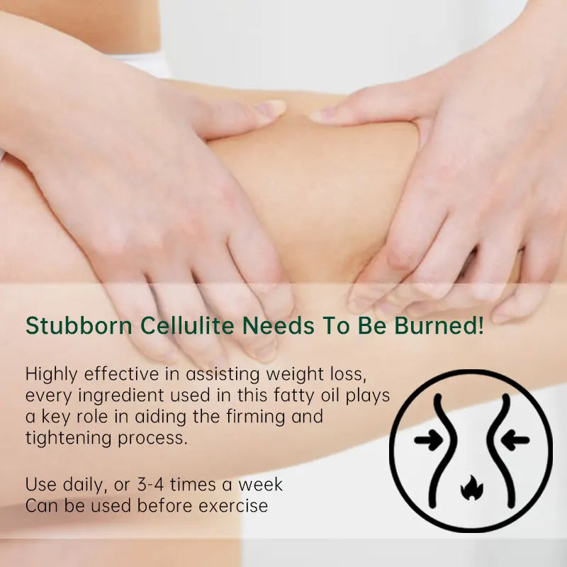 Person massaging their leg with text about cellulite treatment and oil effectiveness.