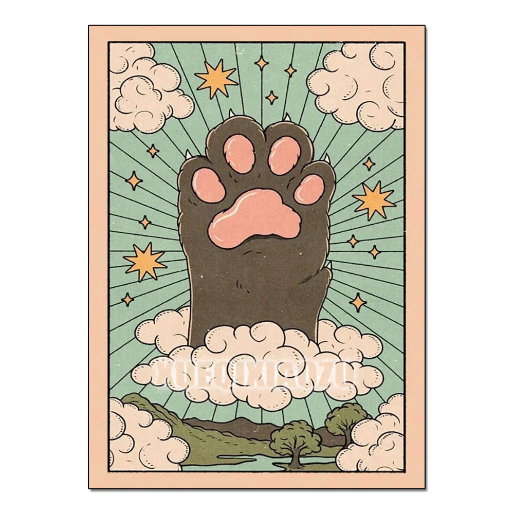 Illustration of a paw print with a landscape background on a light pink border