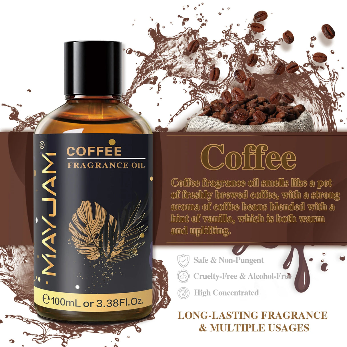 Bottle of coffee fragrance oil with coffee beans and splashes on a white background