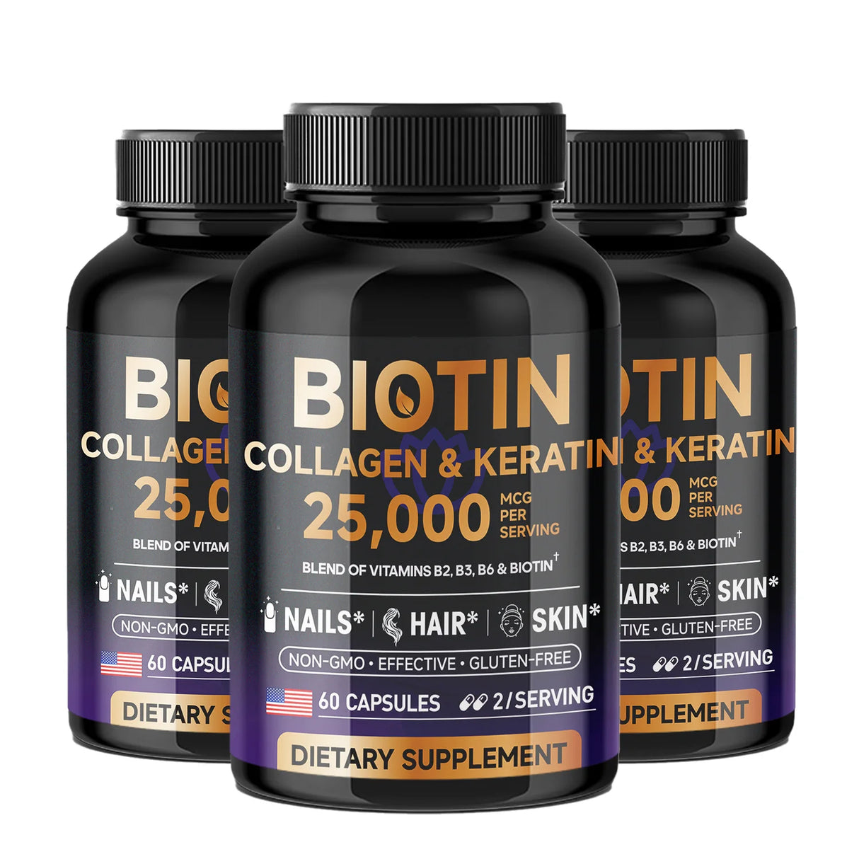 Three bottles of Biotin, Collagen & Keratin dietary supplements on a white background