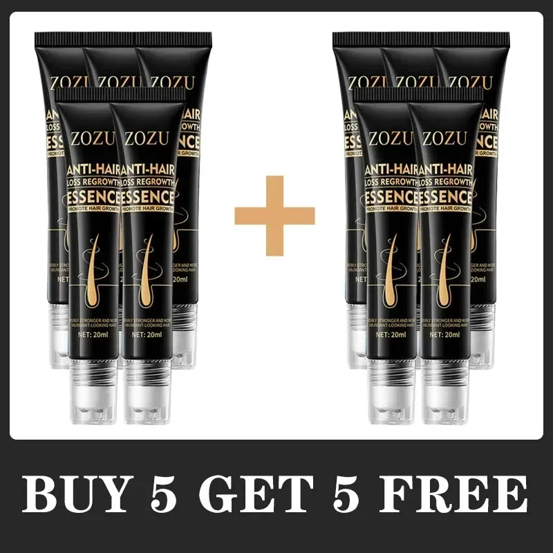 ZOZU hair regrowth essence with promotional text 'Buy 5 Get 5 Free' on a black background