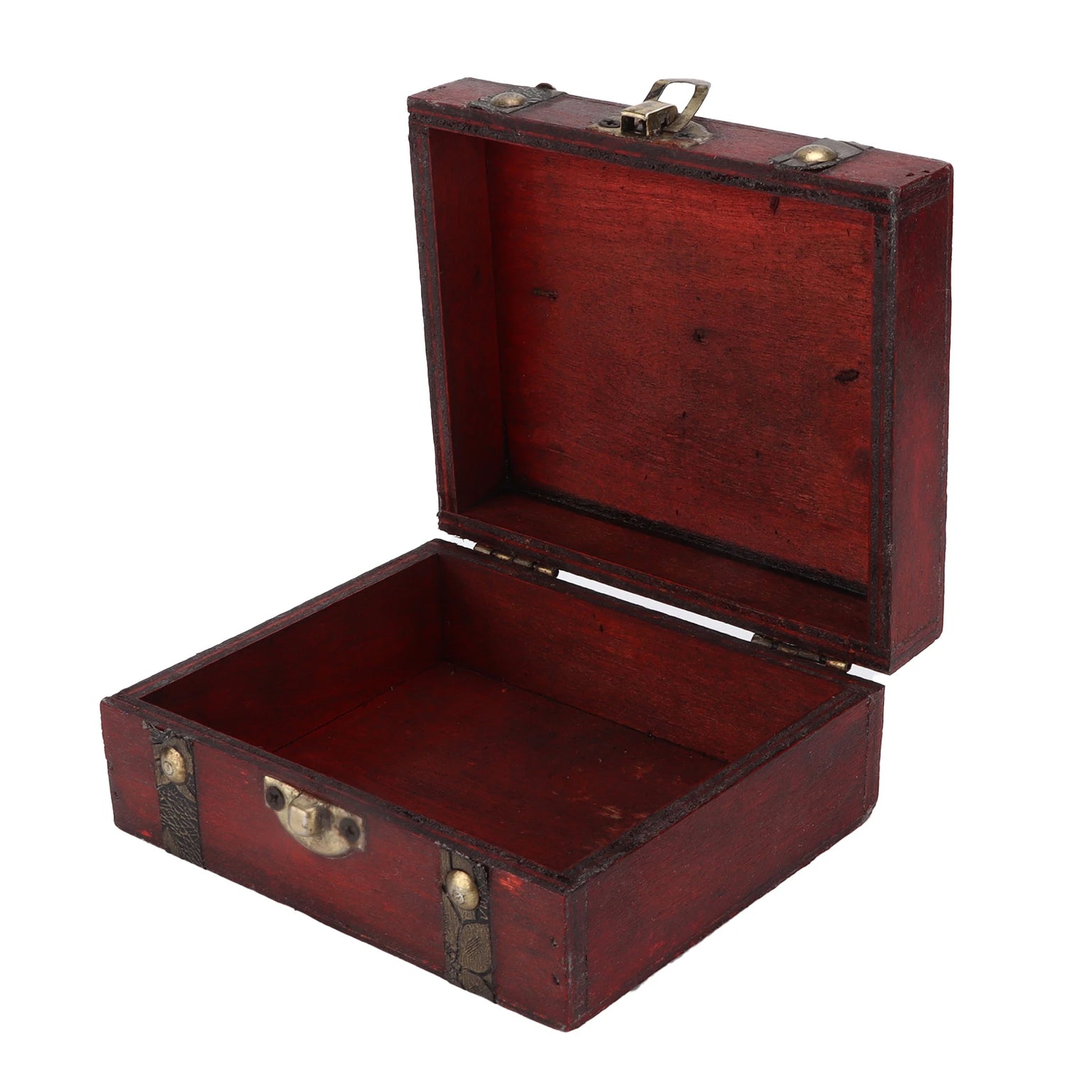 Open wooden suitcase with brass hardware on a white background
