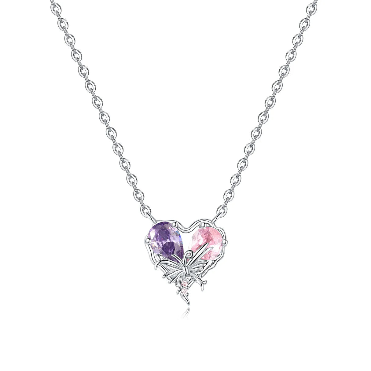 Necklace with a heart-shaped pendant featuring purple and pink gemstones on a white background
