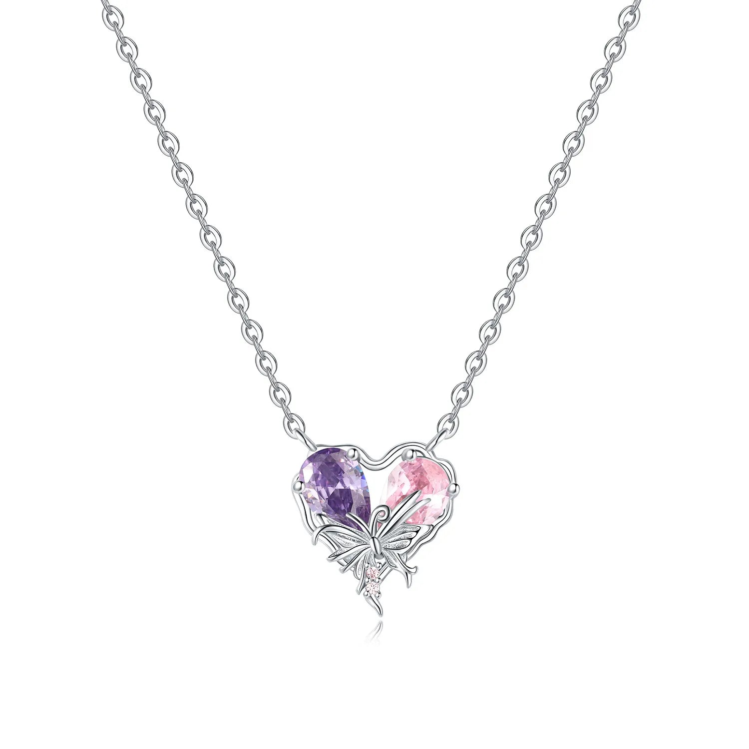 Necklace with a heart-shaped pendant featuring purple and pink gemstones on a white background