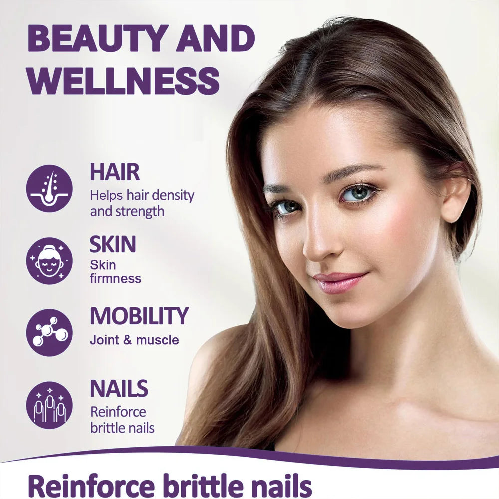 Woman with long brown hair and a focus on beauty and wellness benefits, including hair, skin, mobility, and nails.