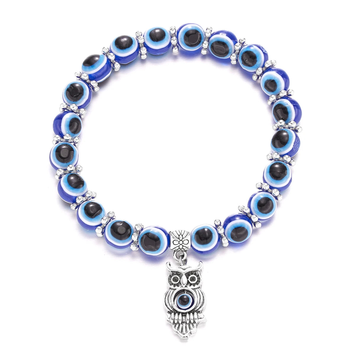 Bracelet with blue and black eye-shaped beads and an owl charm on a white background