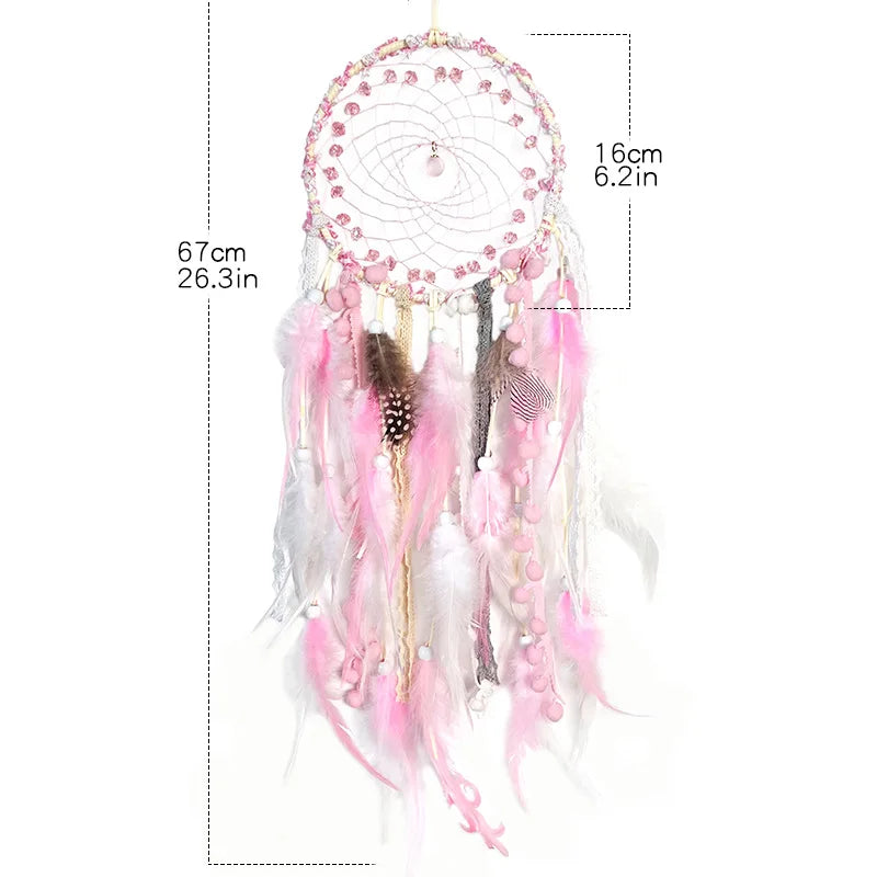 Pink dreamcatcher with measurements on a white background