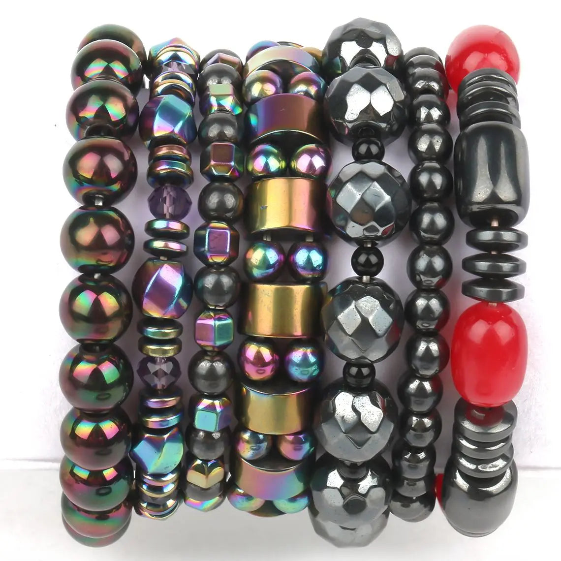 Collection of beaded bracelets with various colors and patterns on a white background